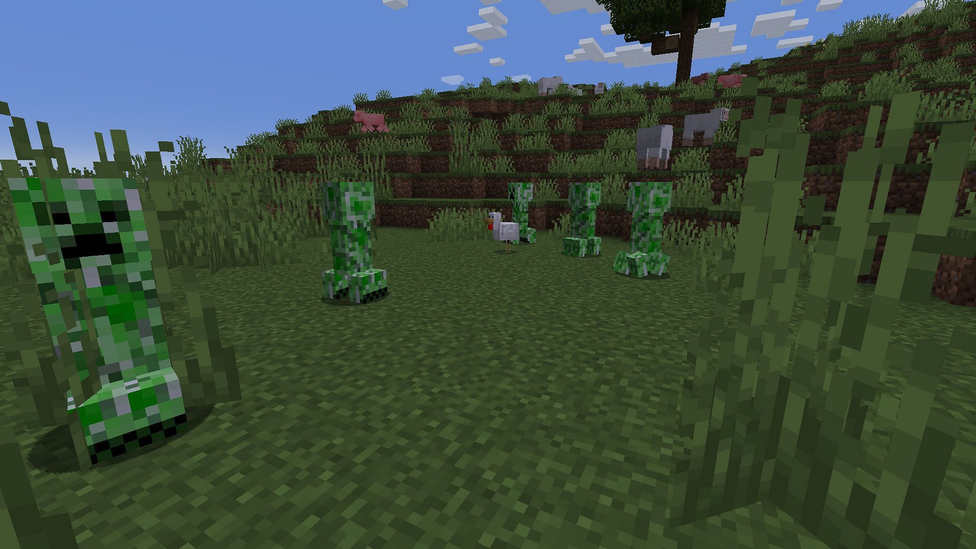 A field of creepers as night approaches (Image via Minecraft)