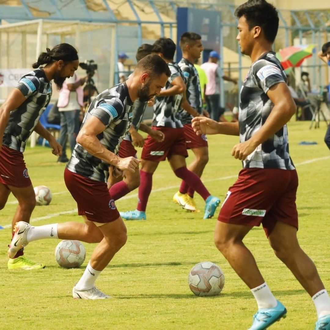 Rajasthan United FC players during their pre-game warm-up ahead of their clash against Churchill Brothers FC (Image Courtesy: I-League Instagram)