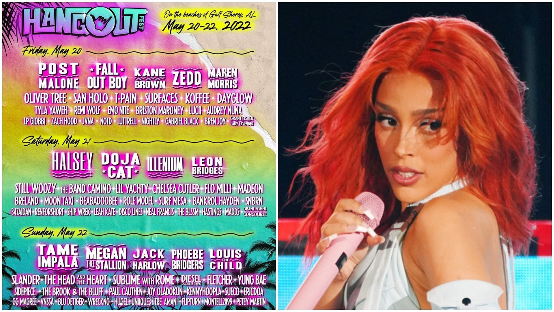 Doja Cat is among the headliners for the Hangout Music Fest slated for May. (Images via Instagram / @hangoutmusicfest and Romain Maurice / Getty)