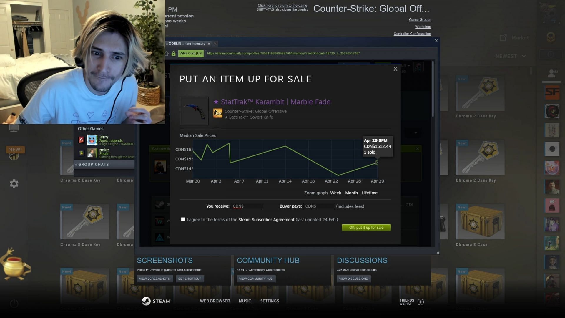 Twitch streamer having a look at the value of the skin (Image via xQcOW/Twitch)