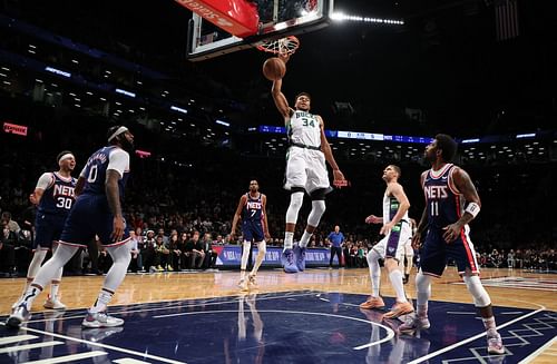 Milwaukee Bucks v Brooklyn Nets; Giannis Antetokounmpo dunks the ball