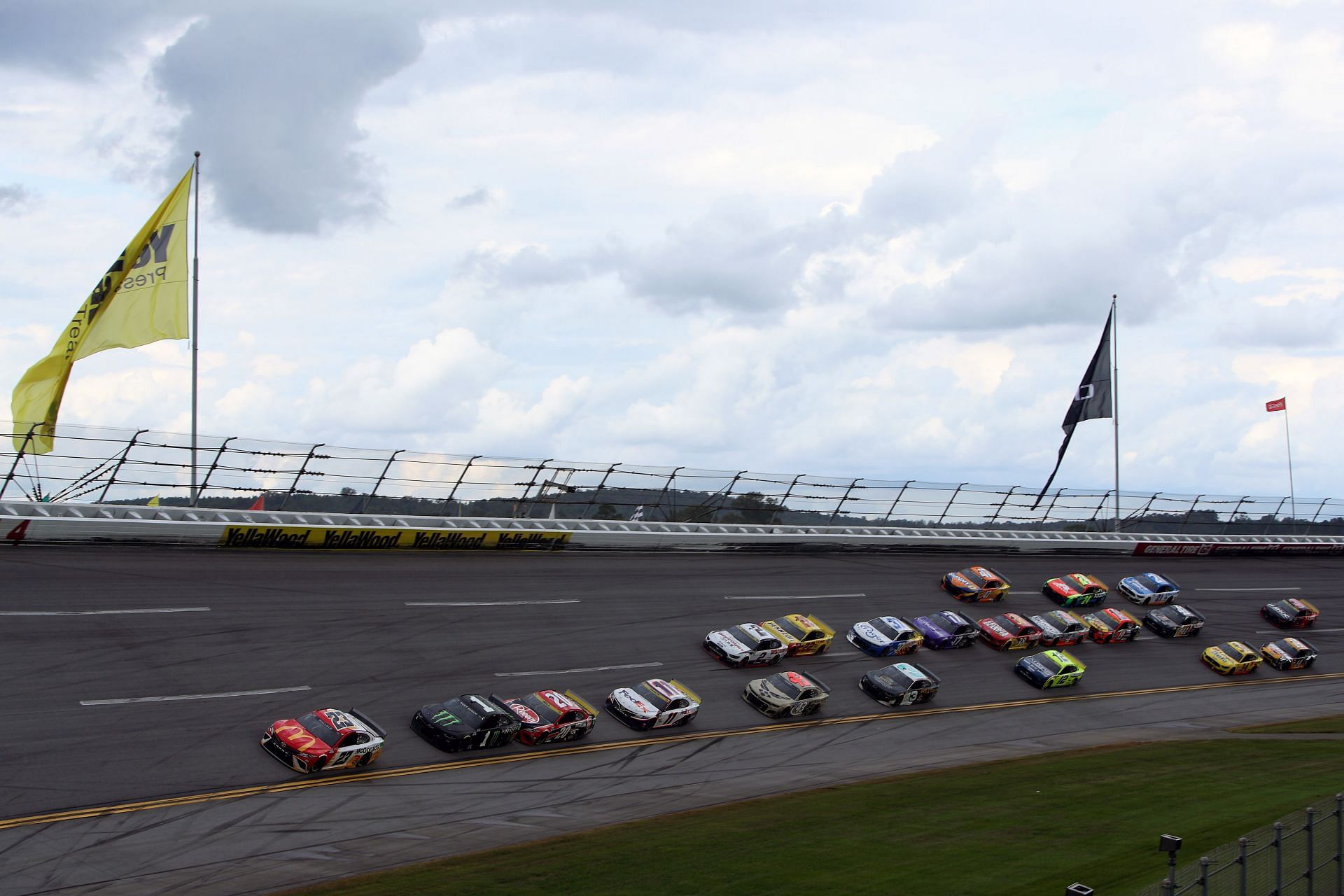 Bubba Wallace Jr. in the No. 23 McDonald&#039;s Toyota leads the field during the rain-shortened 2021 NASCAR Cup Series YellaWood 500 at Talladega Superspeedway in Alabama. (Photo by Sean Gardner/Getty Images)