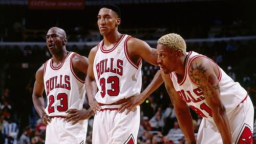 From left to right: Michael Jordan, Scottie Pippen, Dennis Rodman