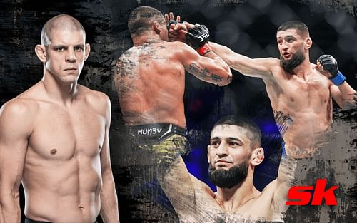 Joe Lauzon (Left) (Image courtesy: via ufc.com), Khamzat Chimaev vs. Gilbert Burns (Top right). Chimaev (Bottom right)