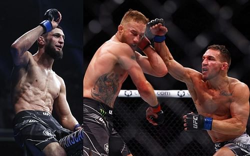 Khamzat Chimaev(left); Justin Gaethje and Michael Chandler in action at UFC 268