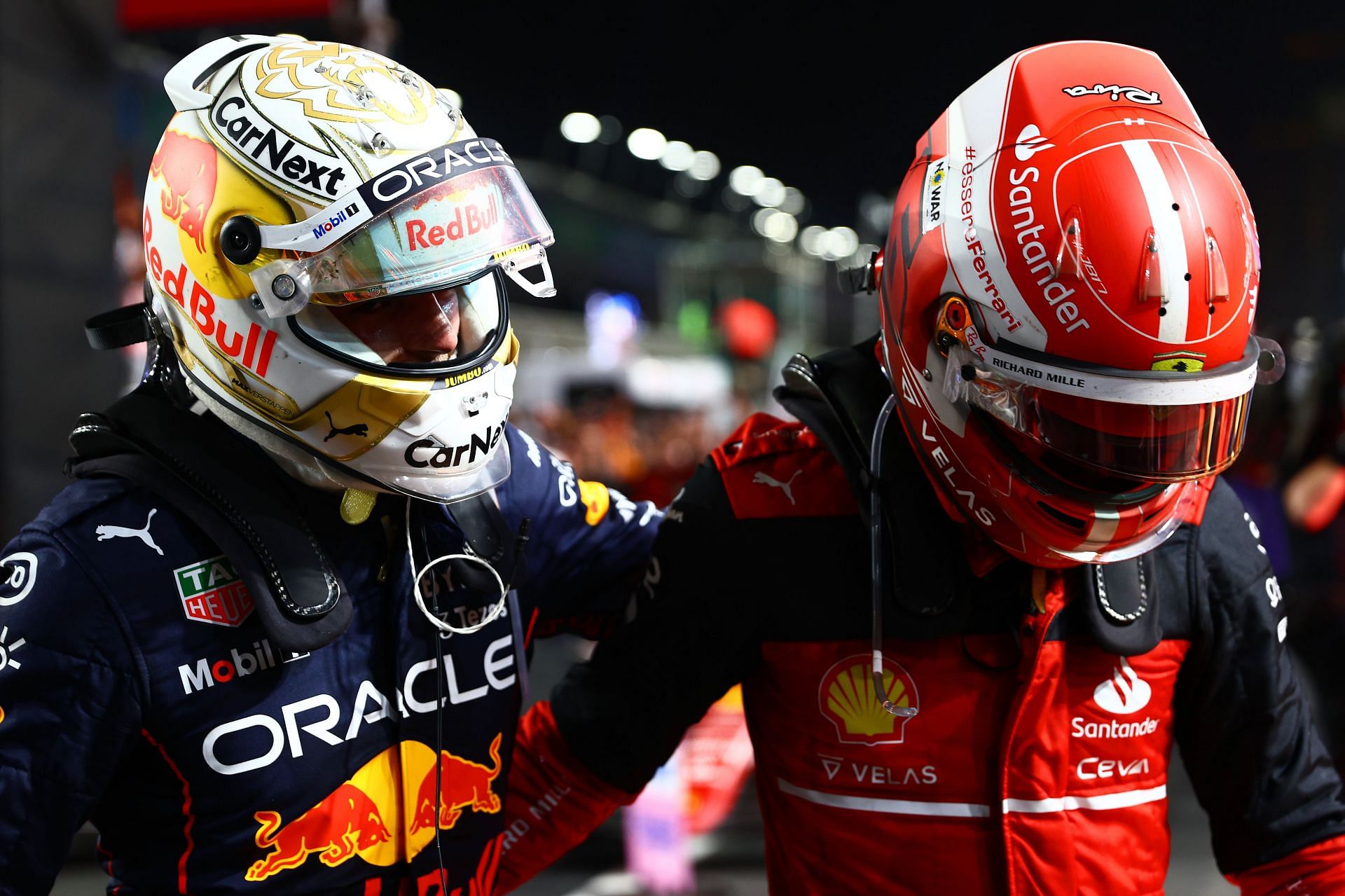 Max Verstappen and Charles Leclerc in parc ferm&eacute; in Jeddah, Saudi Arabia (Photo by Mark Thompson/Getty Images)