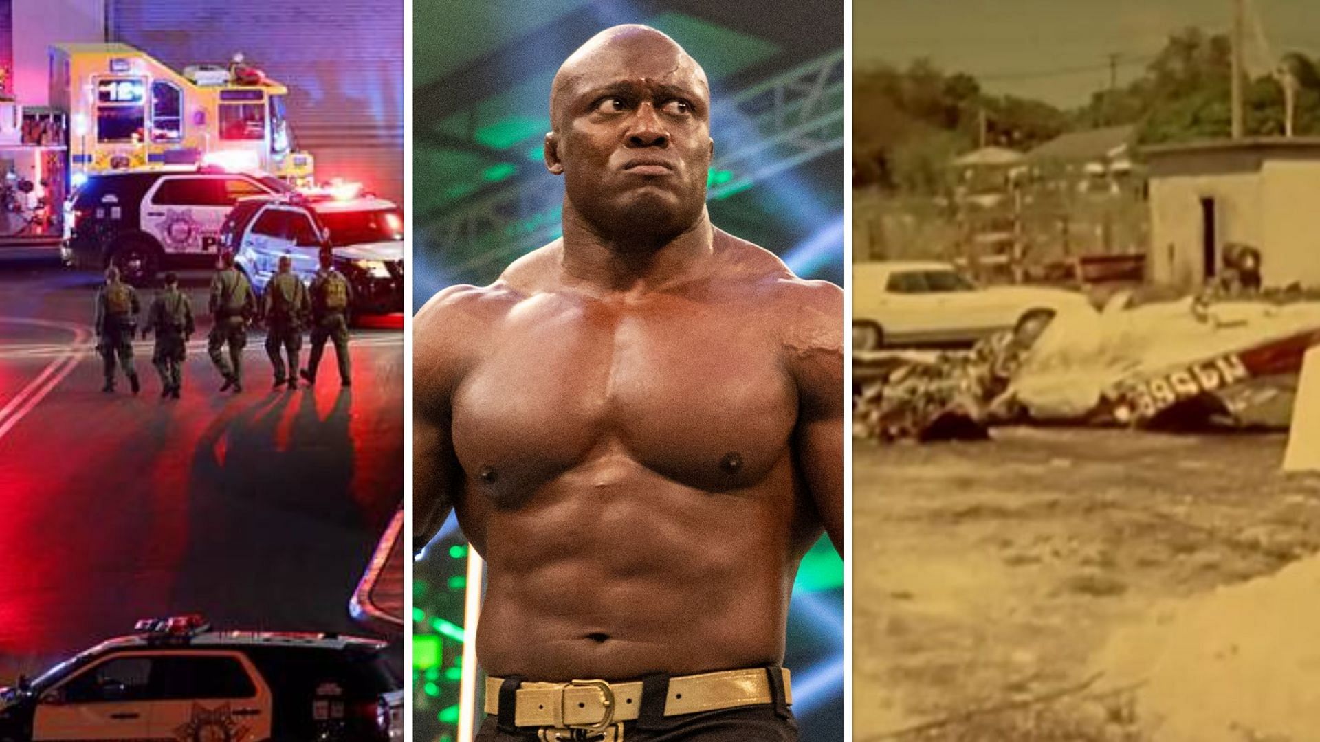 The Fashion Show Mall in 2020 (left), Bobby Lashley (middle), Ric Flair&#039;s plane crash (right)