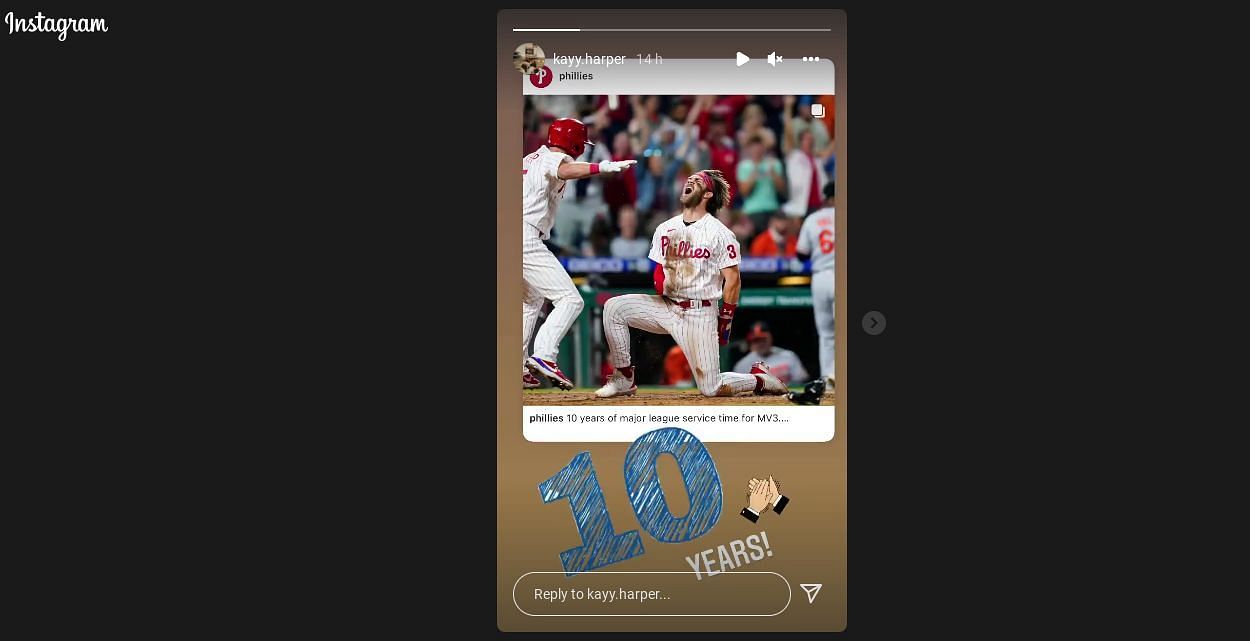 Kayla Harper reposted a photo of Bryce Harper as he completed 10 years of major league service.