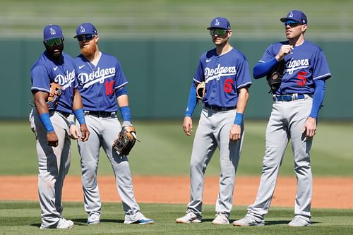 Los Angeles Dodgers teammates gather together during Spring Training 2022.