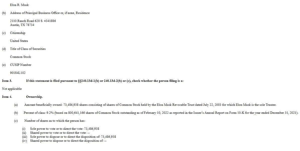 The SEC filing showcasing Musk&#039;s stake in Twitter Inc (Image via SEC)