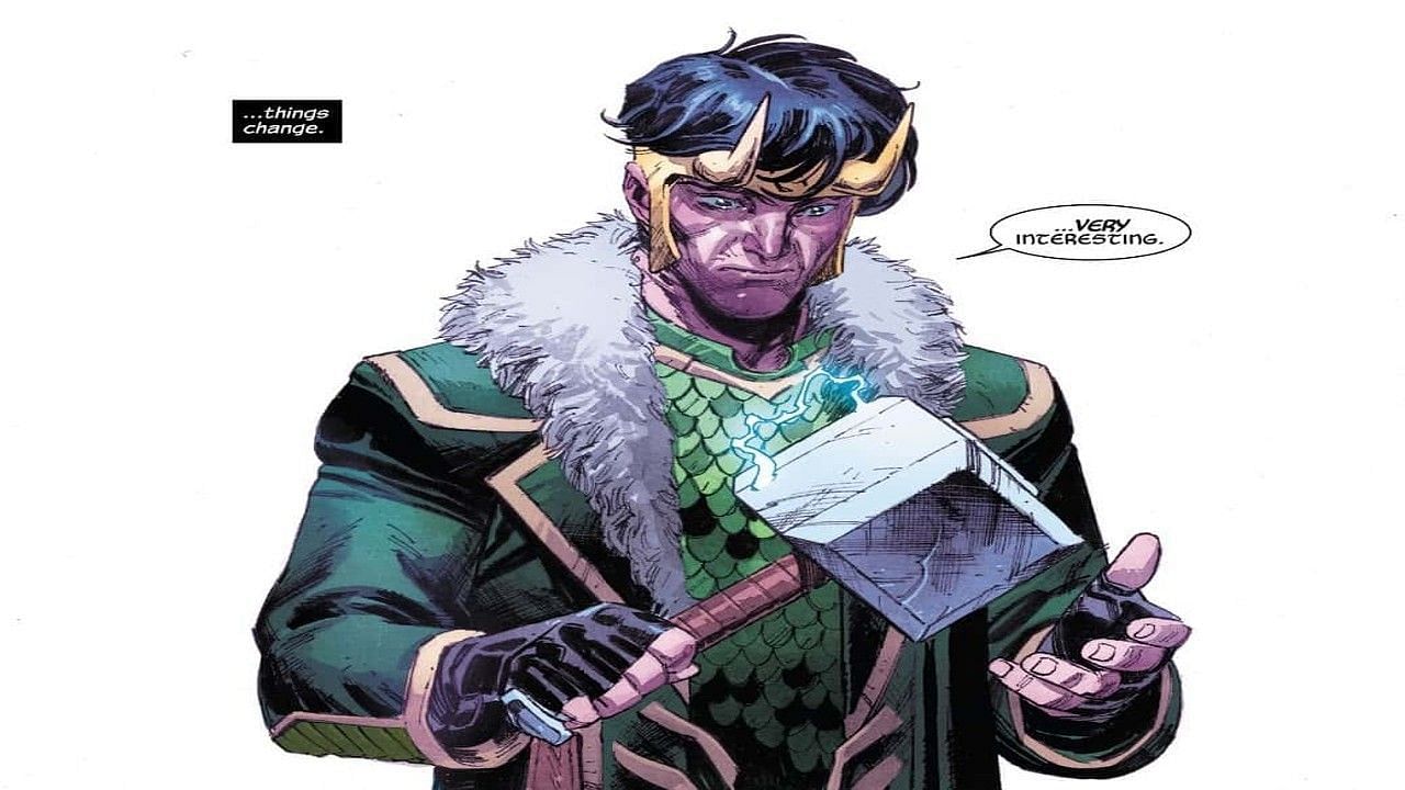Loki holding Mjolnir (Image via Marvel Comics)