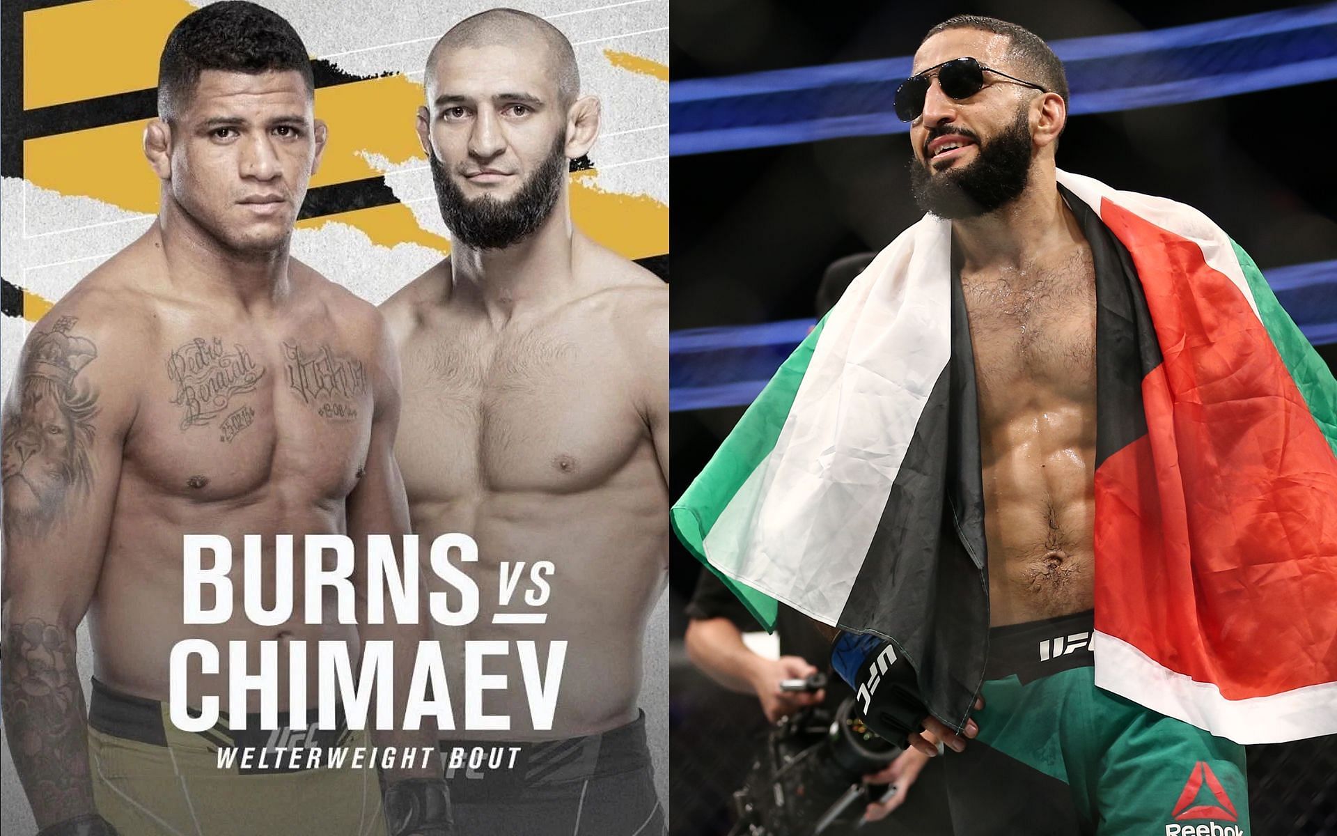 Gilbert Burns and Khamzat Chimaev (left), Belal Muhammad (Right) (Images via UFC / Getty)