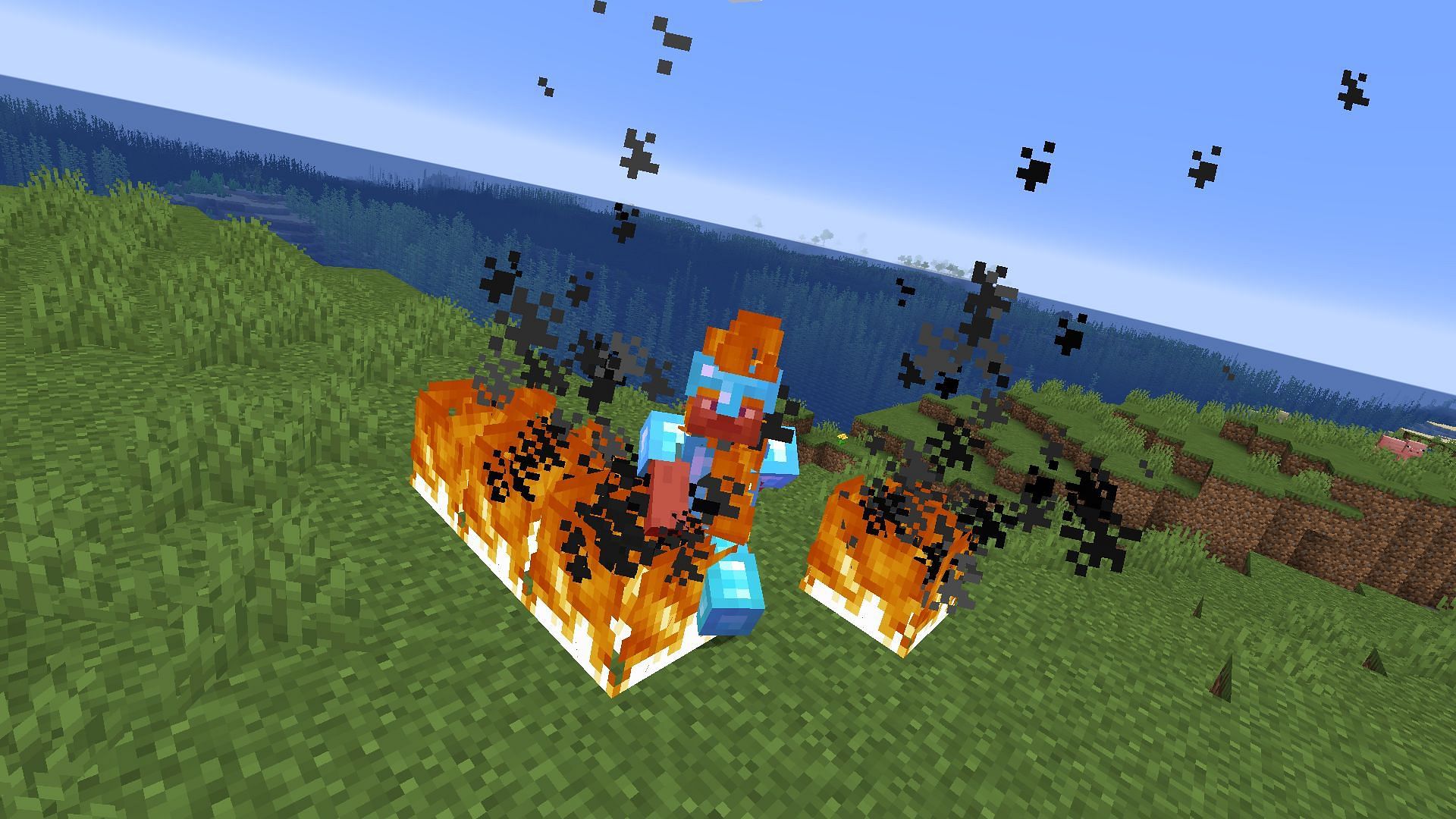 A player using full fire protection to minimize damage (Image via Minecraft)