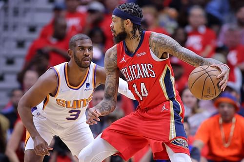 Brandon Ingram of the New Orleans Pelicans against Chris Paul of the Phoenix Suns