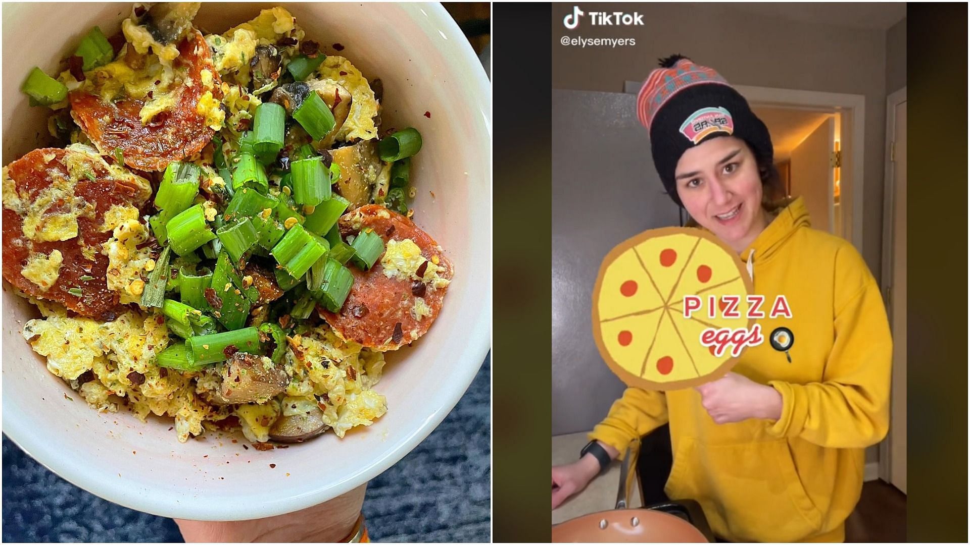 Pizza eggs are an easy and tasty way to eat scrambled eggs (Image via @lowcarbwithkara/Instagram and @elysemyers/TikTok)