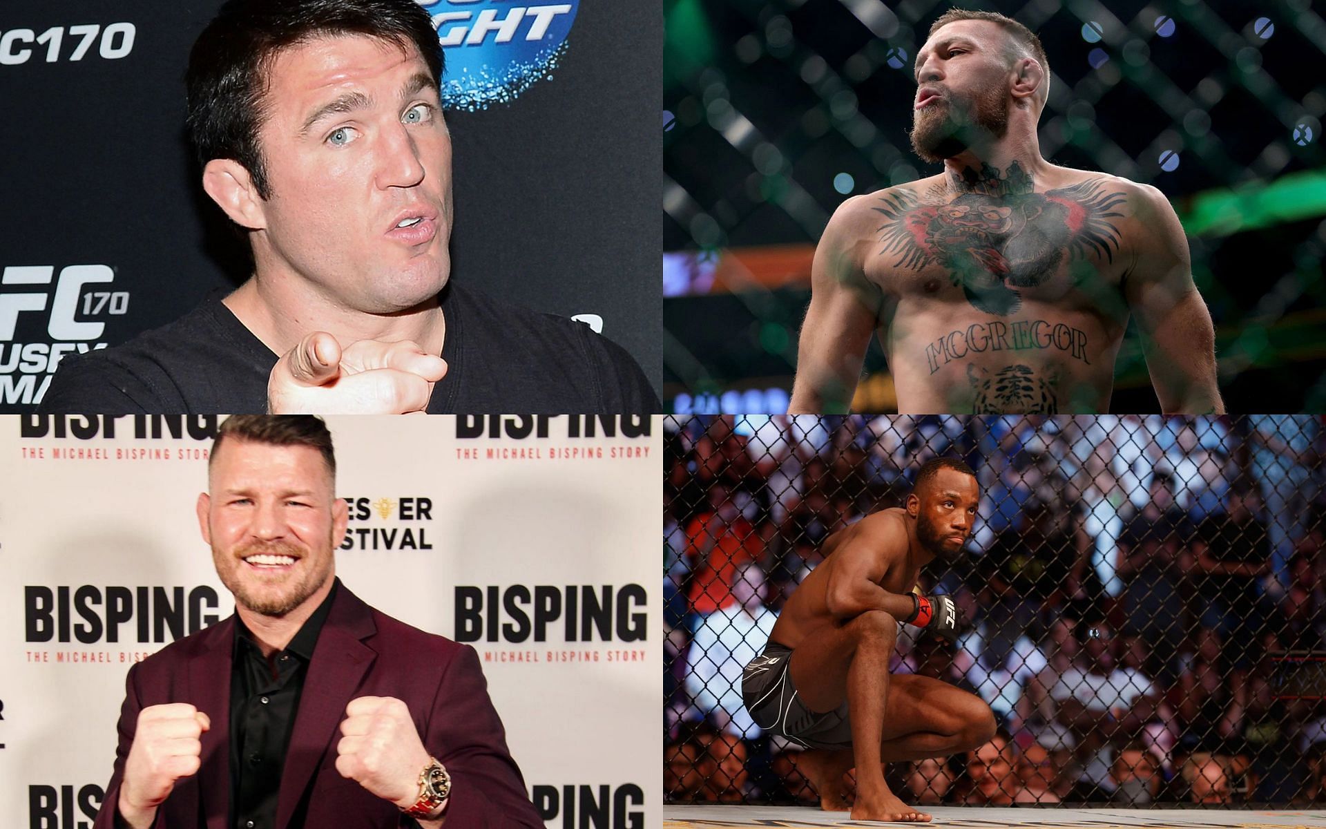 Chael Sonnen (top left), Conor McGregor (top right), Michael Bisping (bottom left), and Leon Edwards (bottom right) (images courtesy of Getty and @bisping Instagram)