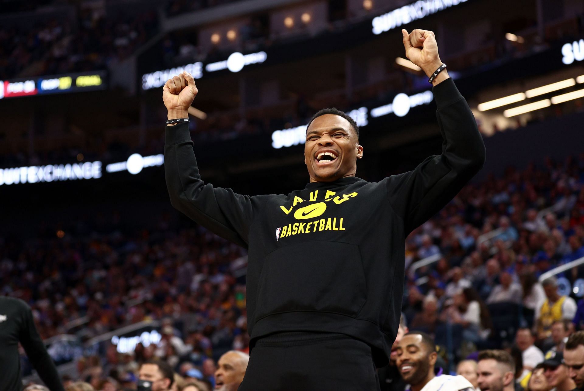 Injured Russell Westbrook of the LA Lakers cheers on his team during their game Golden State Warriors at Chase Center on April 07 in San Francisco, California.