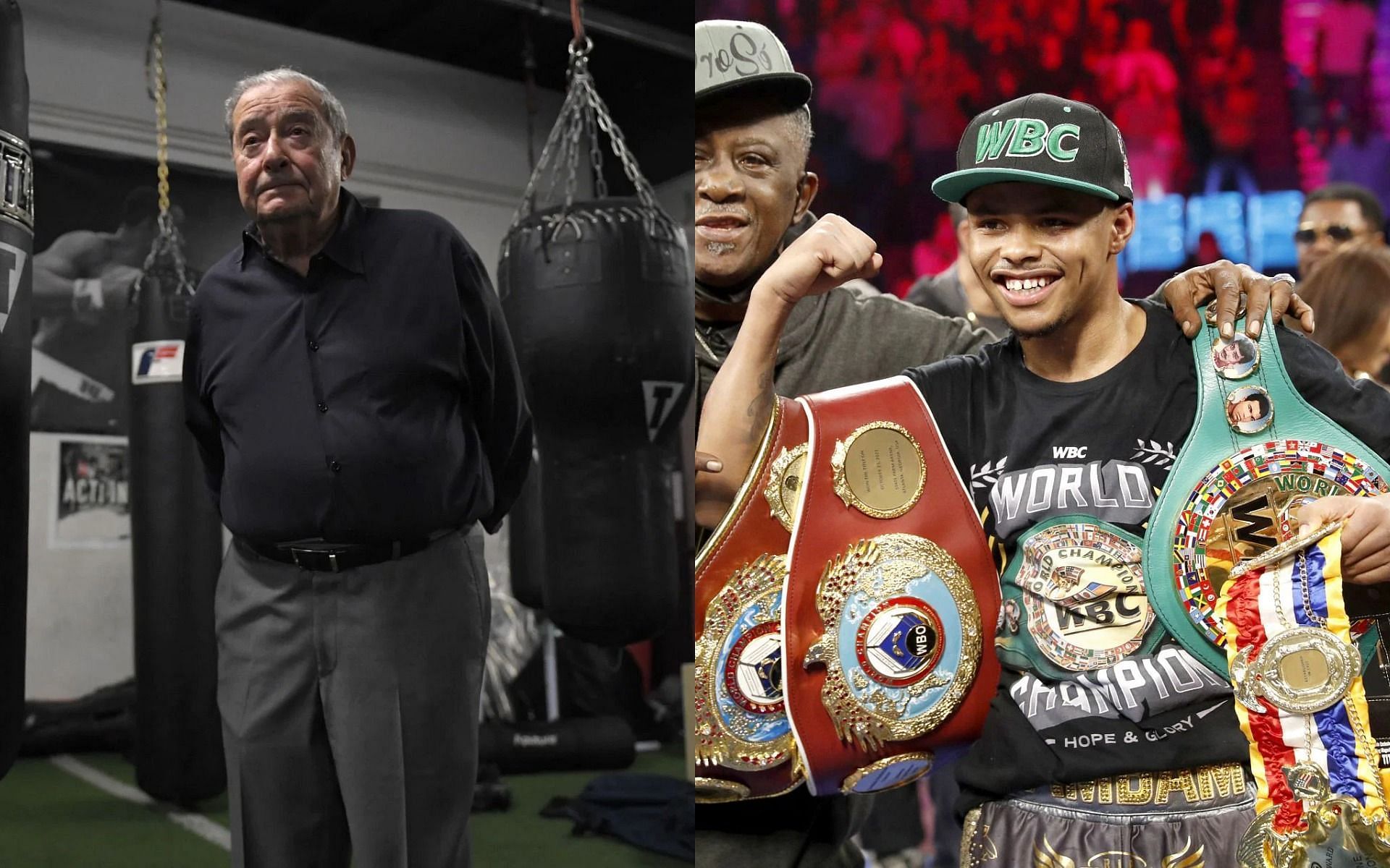 Bob Arum (L) believes that Shakur Stevenson (R) shouldn&#039;t unify the super featherweight titles.