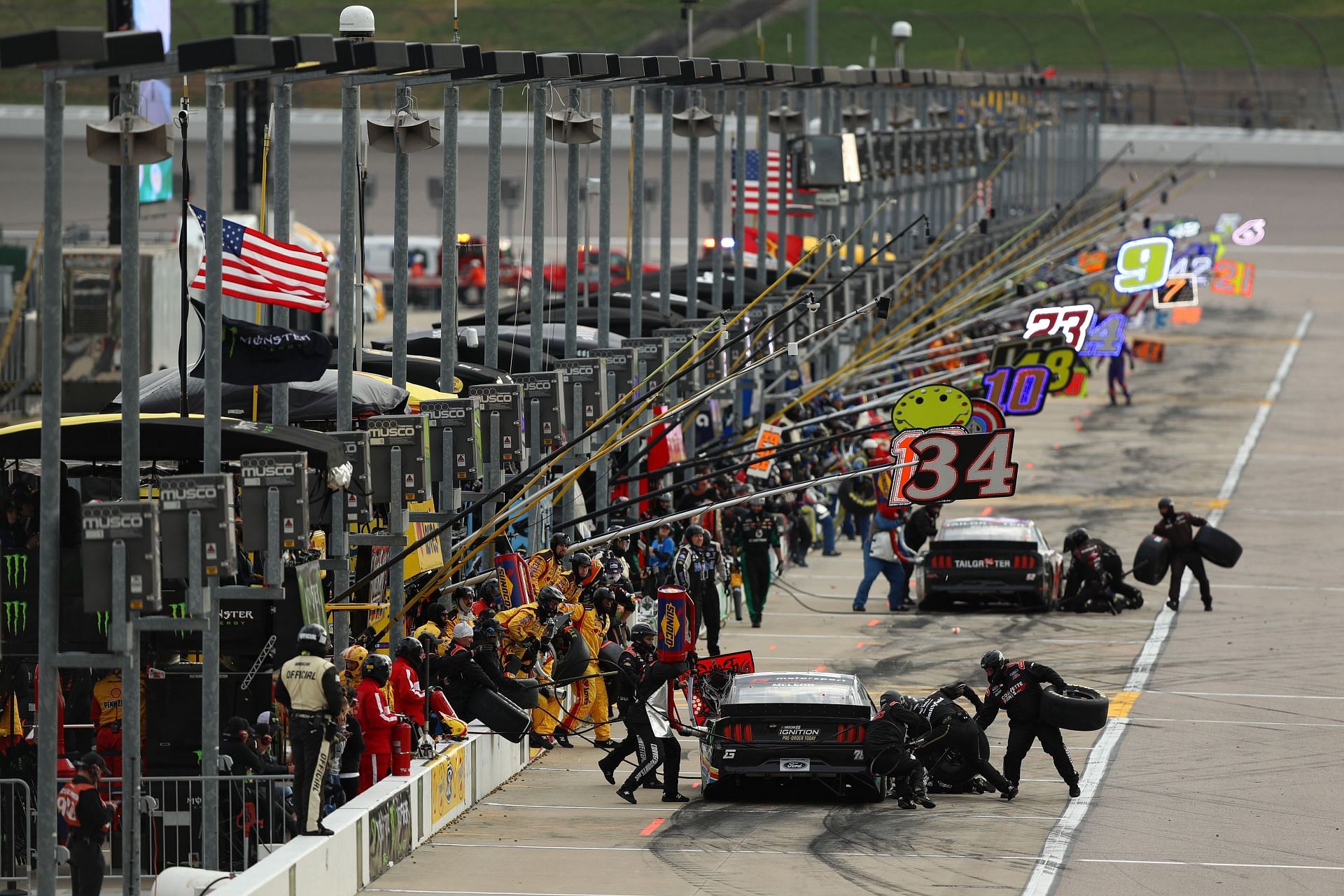 A general view of pit road during the NASCAR Cup Series Hollywood Casino 400 at Kansas Speedway (Photo by Meg Oliphant/Getty Images)