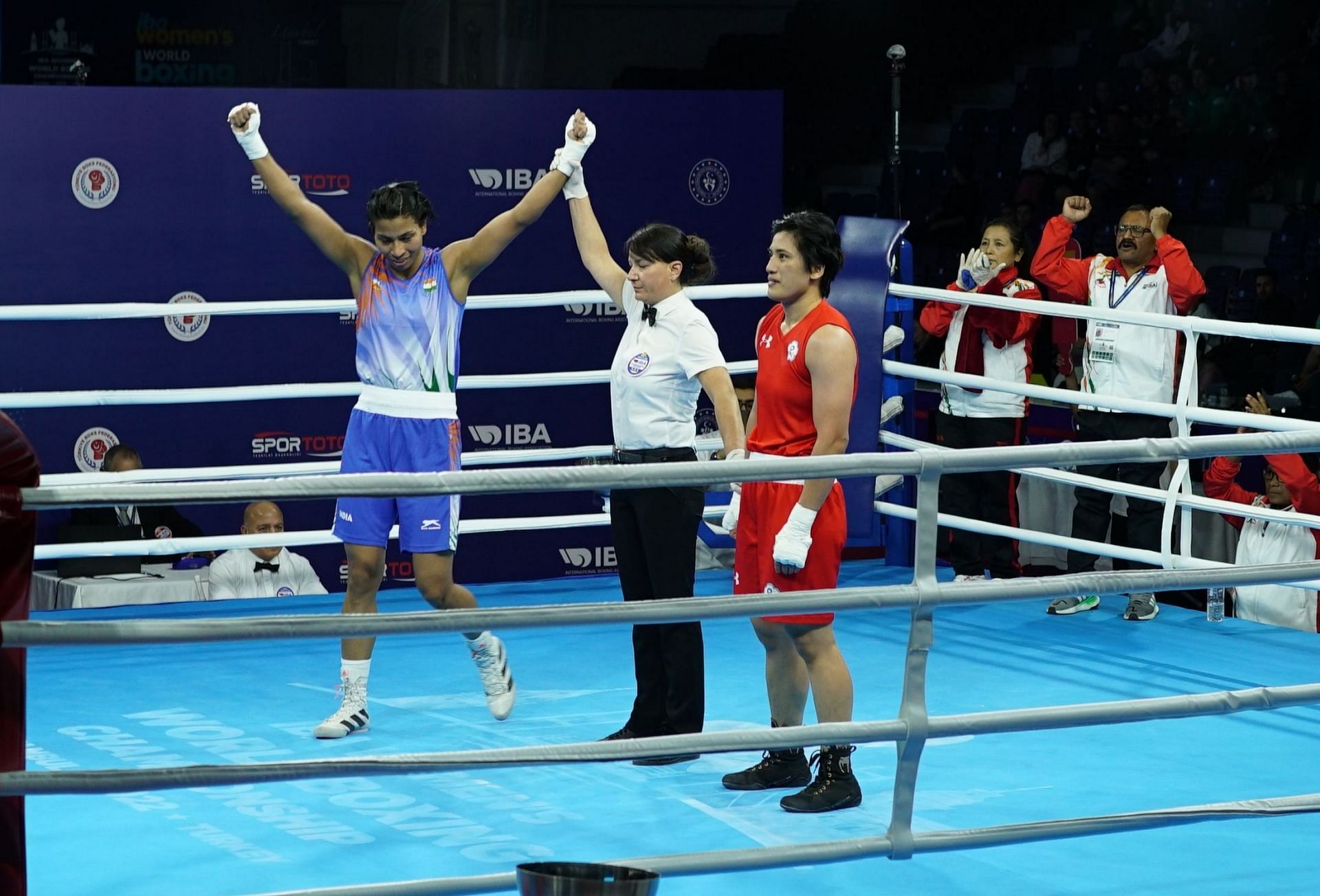 India&#039;s Lovlina Borgohain celebrates her opening round win. (PC: BFI)