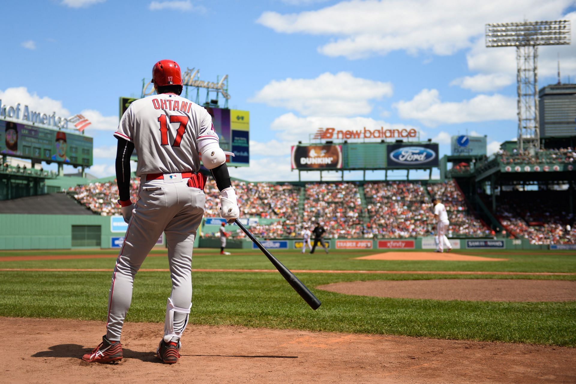 Los Angeles Angels SP Shohei Ohtani looks on at Fenway Park in Boston.