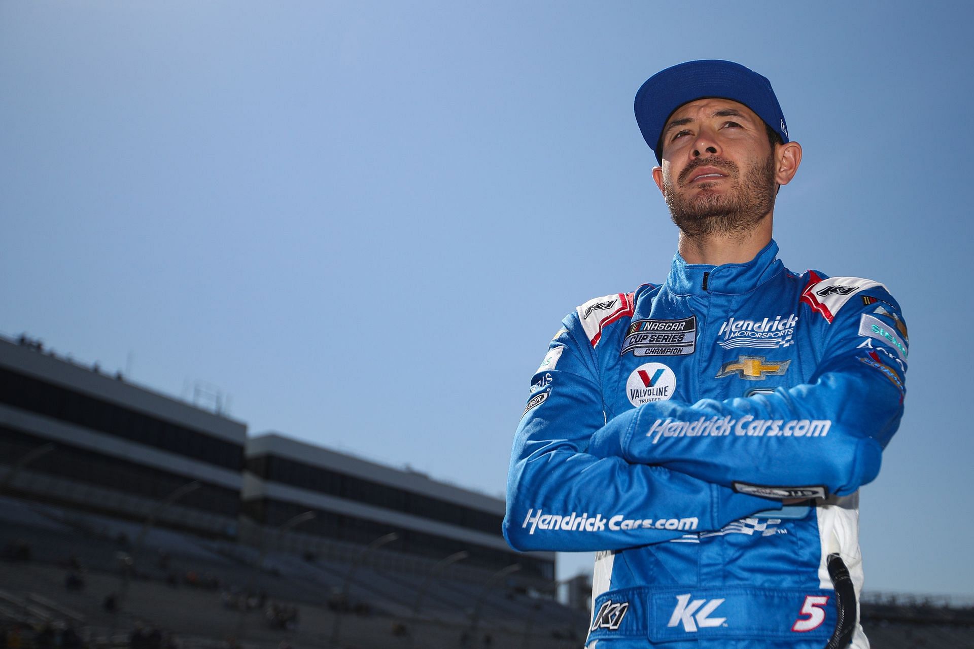 Kyle Larson looks on during practice for the 2022 DuraMAX Drydene 400 presented by RelaDyne at Dover Motor Speedway in Dover, Delaware. (Photo by Sean Gardner/Getty Images)