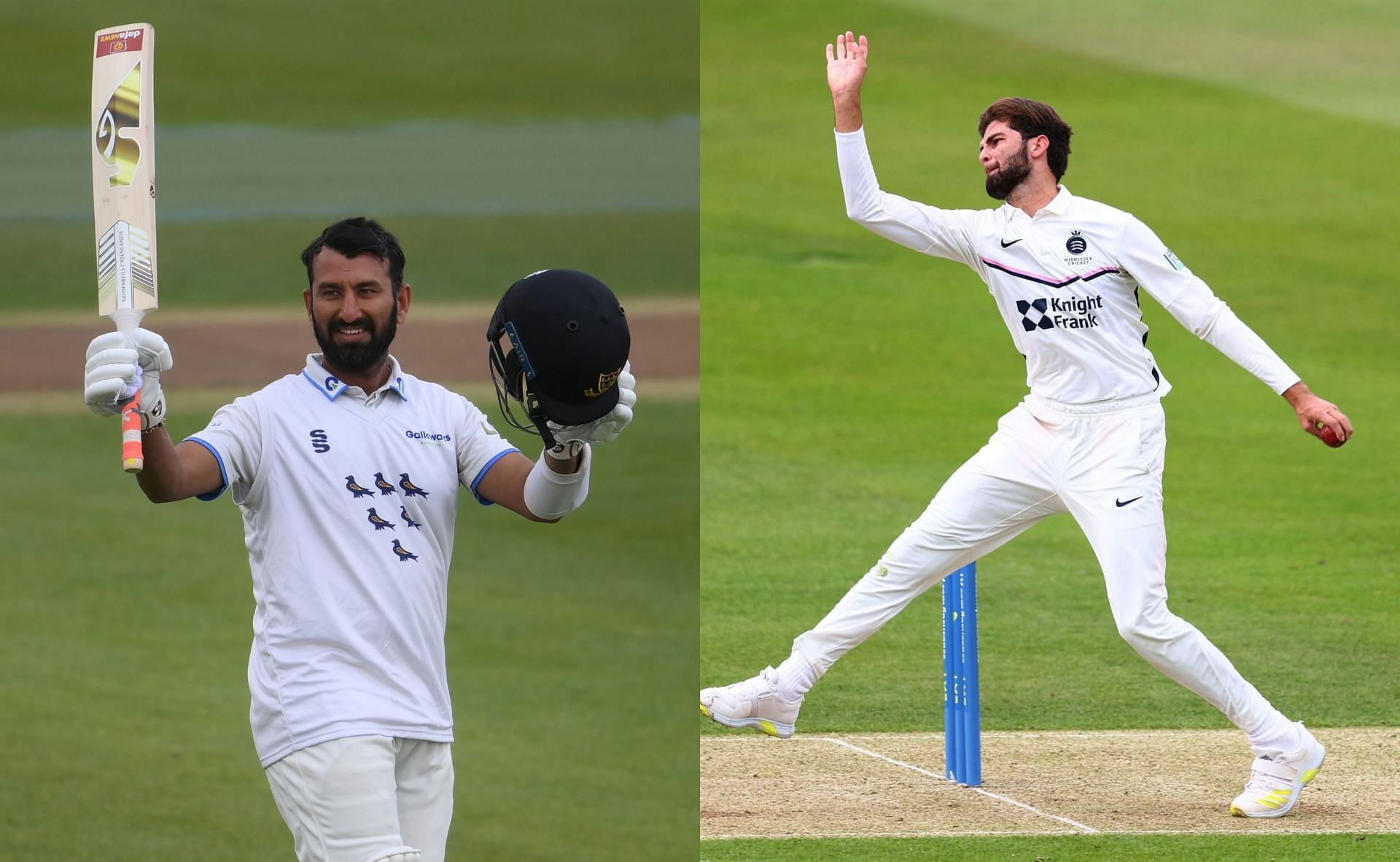 Cheteshwar Pujara (l) and Shaheen Afridi (r)