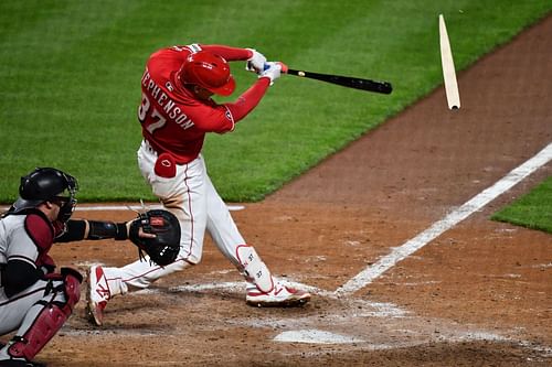 Andrew Stephenson breaks his bat making contact.