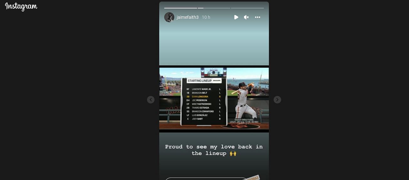 San Francisco Giants third baseman Eva Longoria is back in the lineup and wife Jaime Longoria posts an IG story about it.