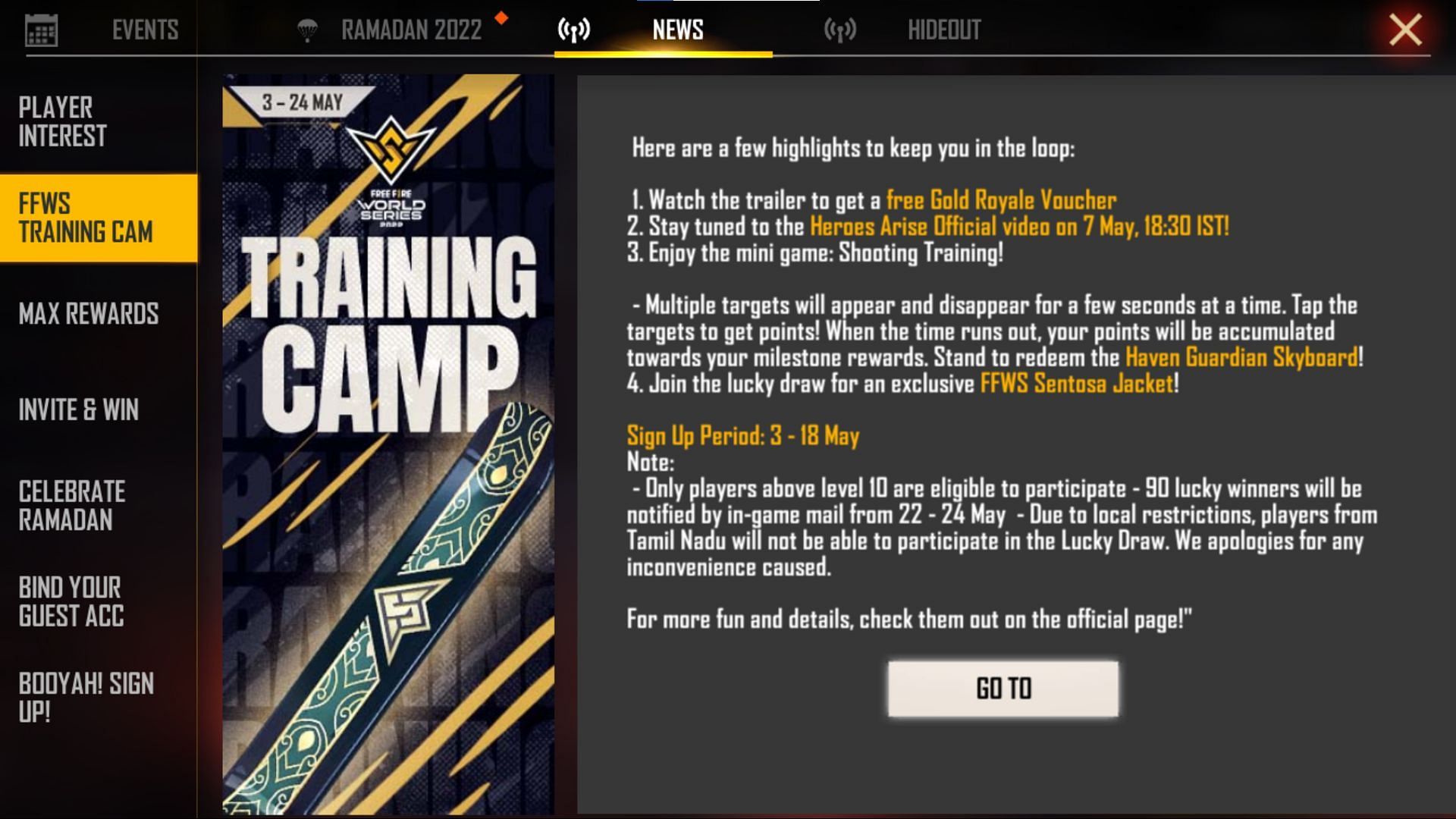 Click the Go To button to access the event interface in Free Fire MAX (Image via Garena)