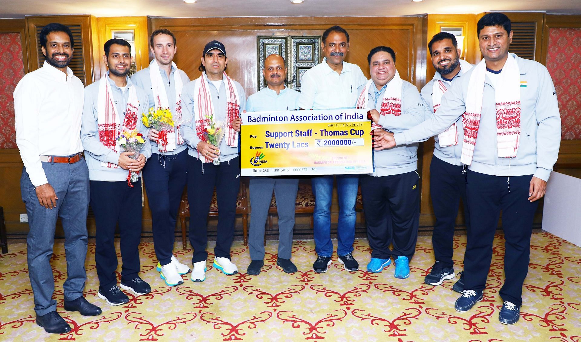 The Indian men&#039;s badminton team support staff was also honored with a cash prize (Pic credit: BAI)