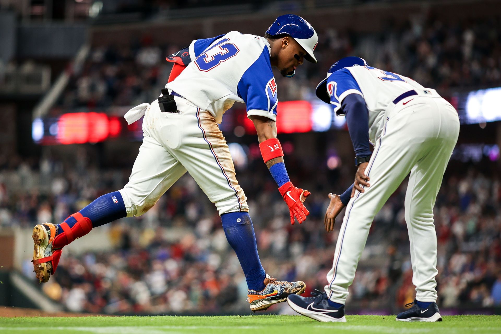 Ronald Acuna Jr. rounds the bases after a clutch home run last night. Milwaukee Brewers v Atlanta Braves