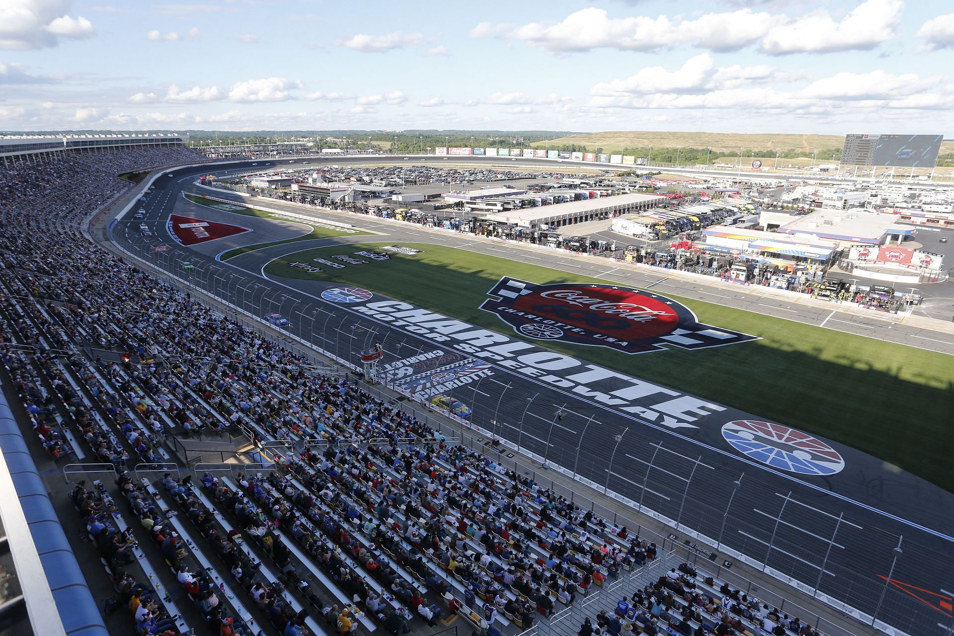 A general view of cars on track during the NASCAR Cup Series Coca-Cola 600 at Charlotte Motor Speedway
