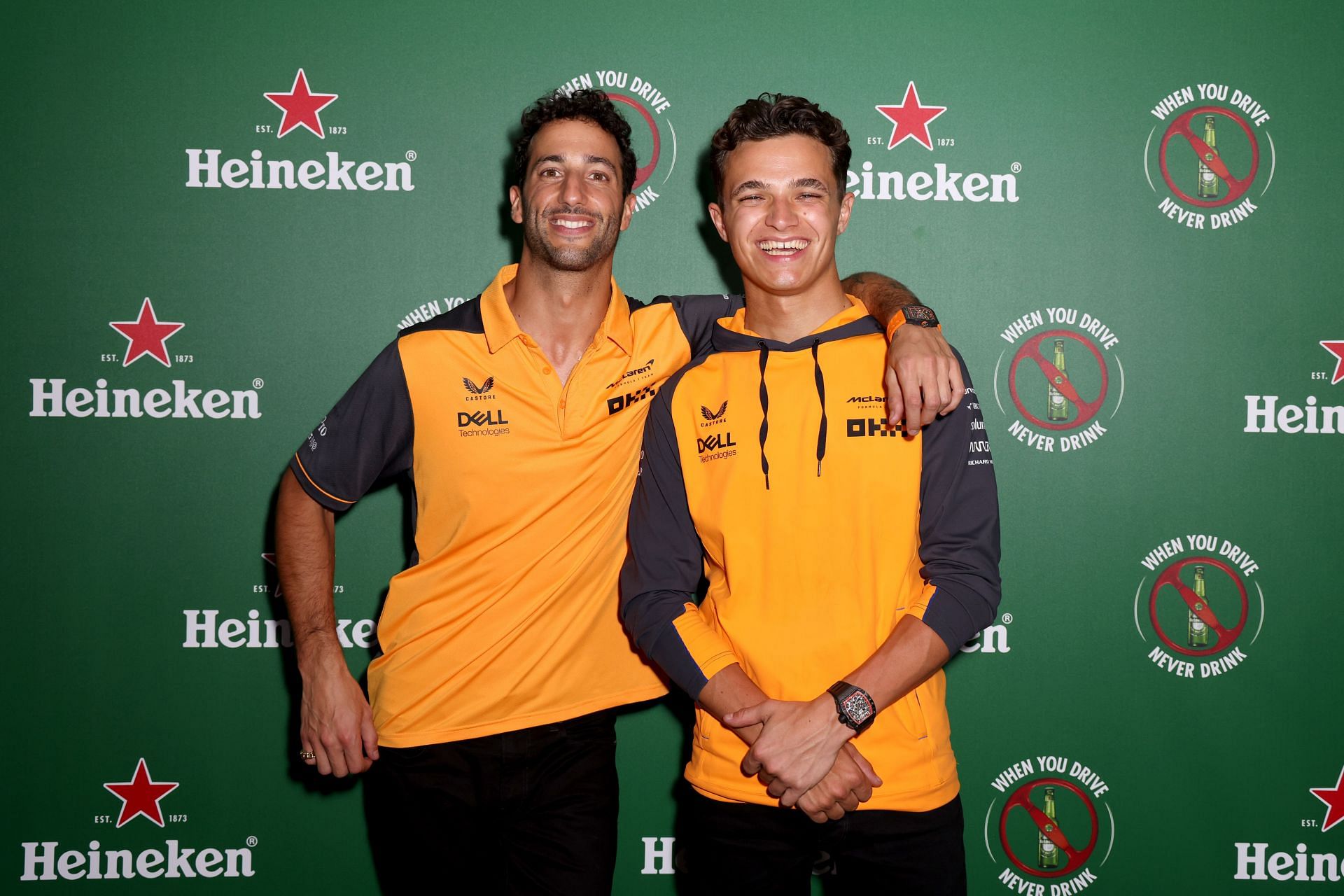 (L to R) McLaren drivers Daniel Ricciardo and Lando Norris (Photo by Rodrigo Varela/Getty Images for Heineken)