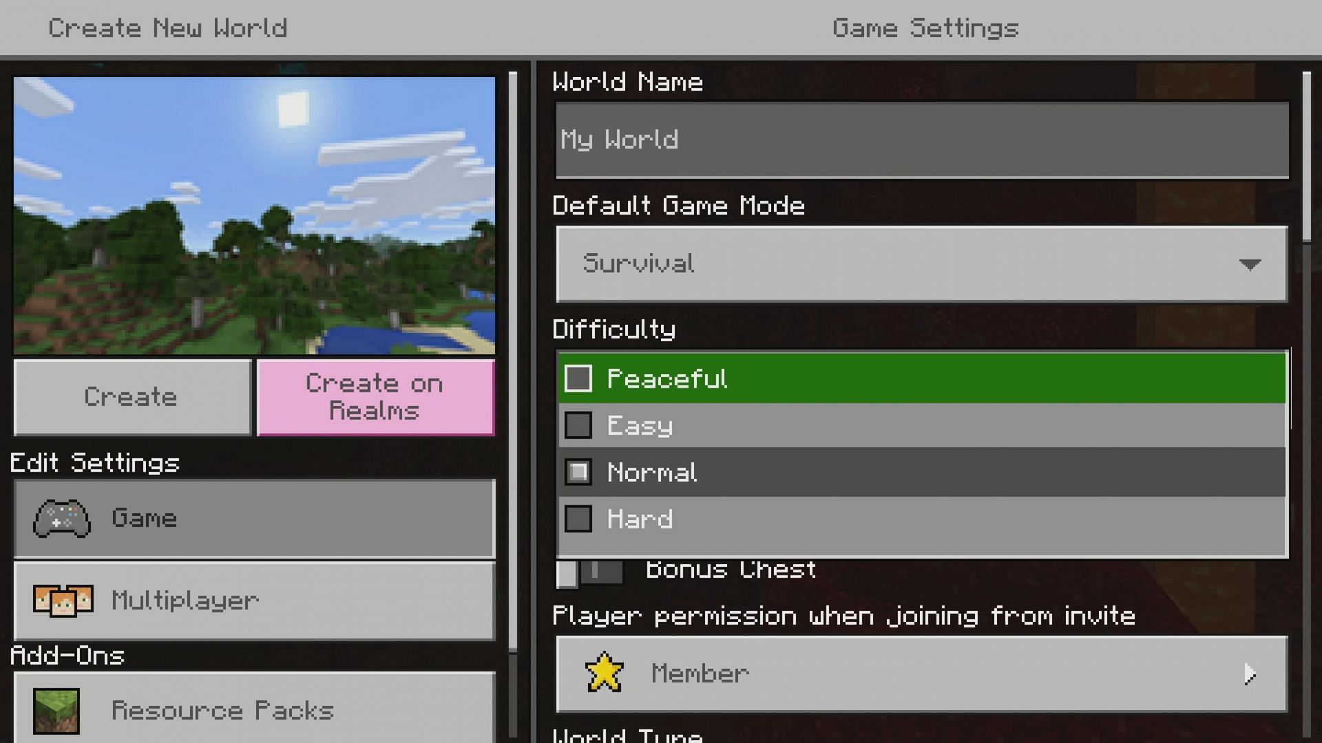 Minecraft: Bedrock Edition&#039;s worldgen difficulty settings (Image via Mojang)