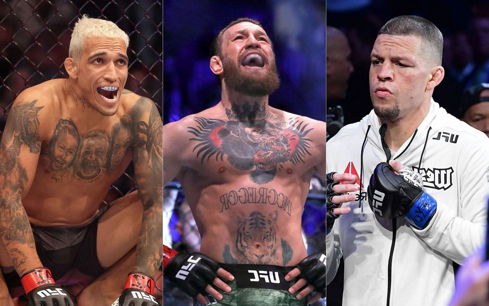 Charles Oliveira (left), Conor McGregor (middle) and Nate Diaz (right)