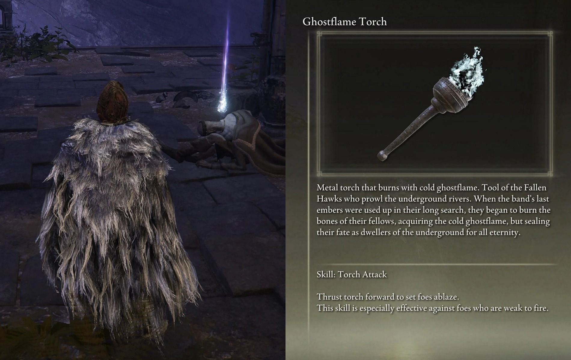 Obtaining the Ghostflame Torch in Elden Ring (Images via FromSoftware)