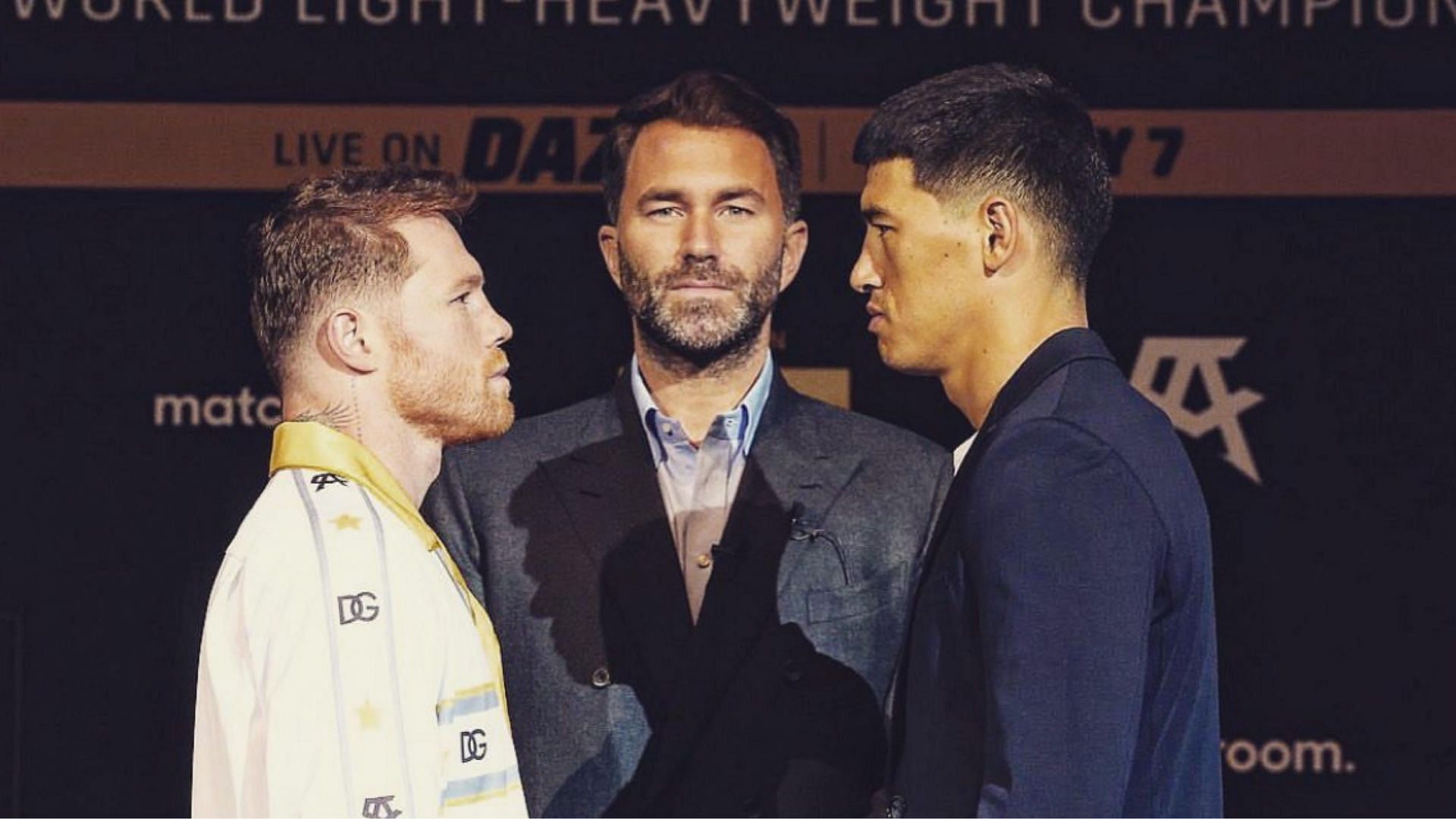 Canelo Alvarez (left), Eddie Hearn (center), Dmitry Bivol (right) [Image courtesy of Instagram @eddiehearn]