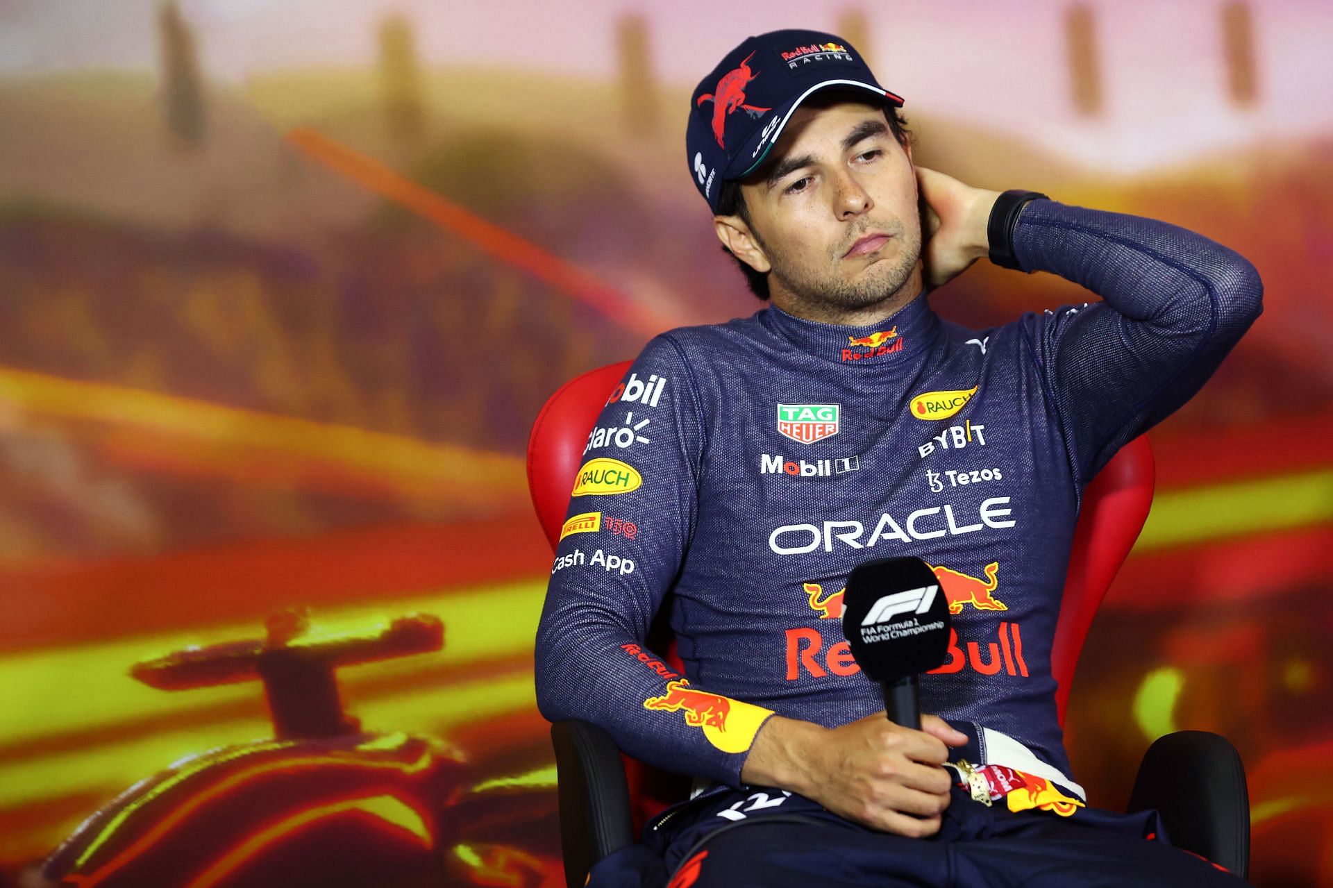 Second-placed Sergio Perez during the press conference after the F1 Grand Prix of Spain (Photo by Dan Istitene/Getty Images)