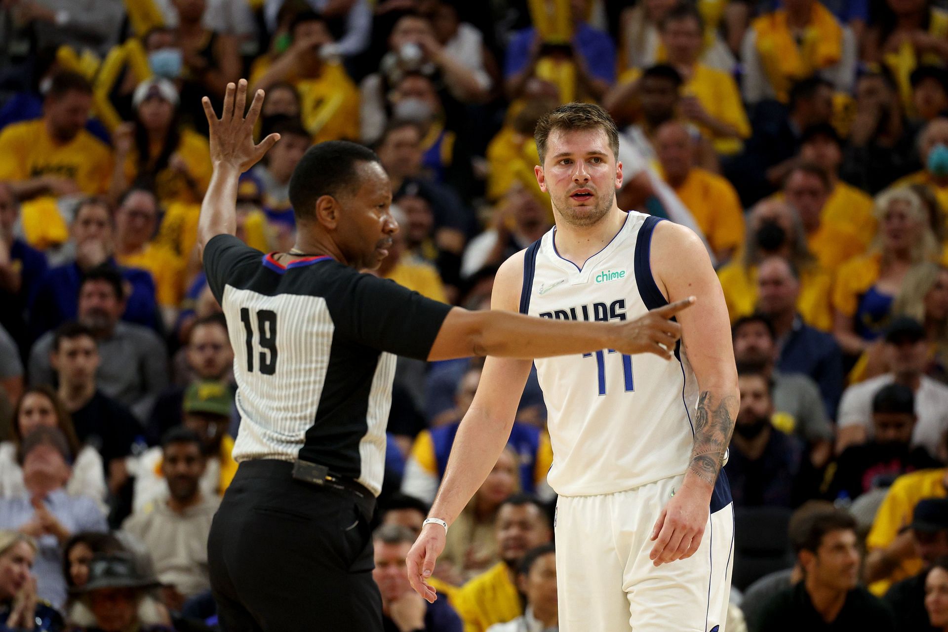 Luka Doncic of the Dallas Mavericks looks on against the Golden State Warriors during the third quarter in Game 1 of the Western Conference finals at Chase Center on Wednesday in San Francisco, California.