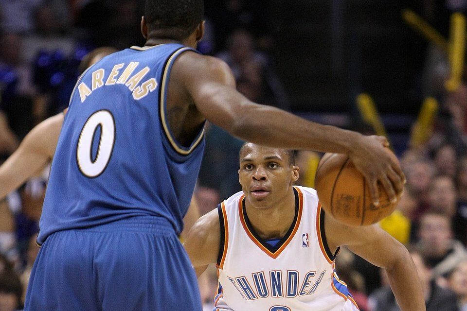 Gilbert Arenas facing off against Russell Westbrook