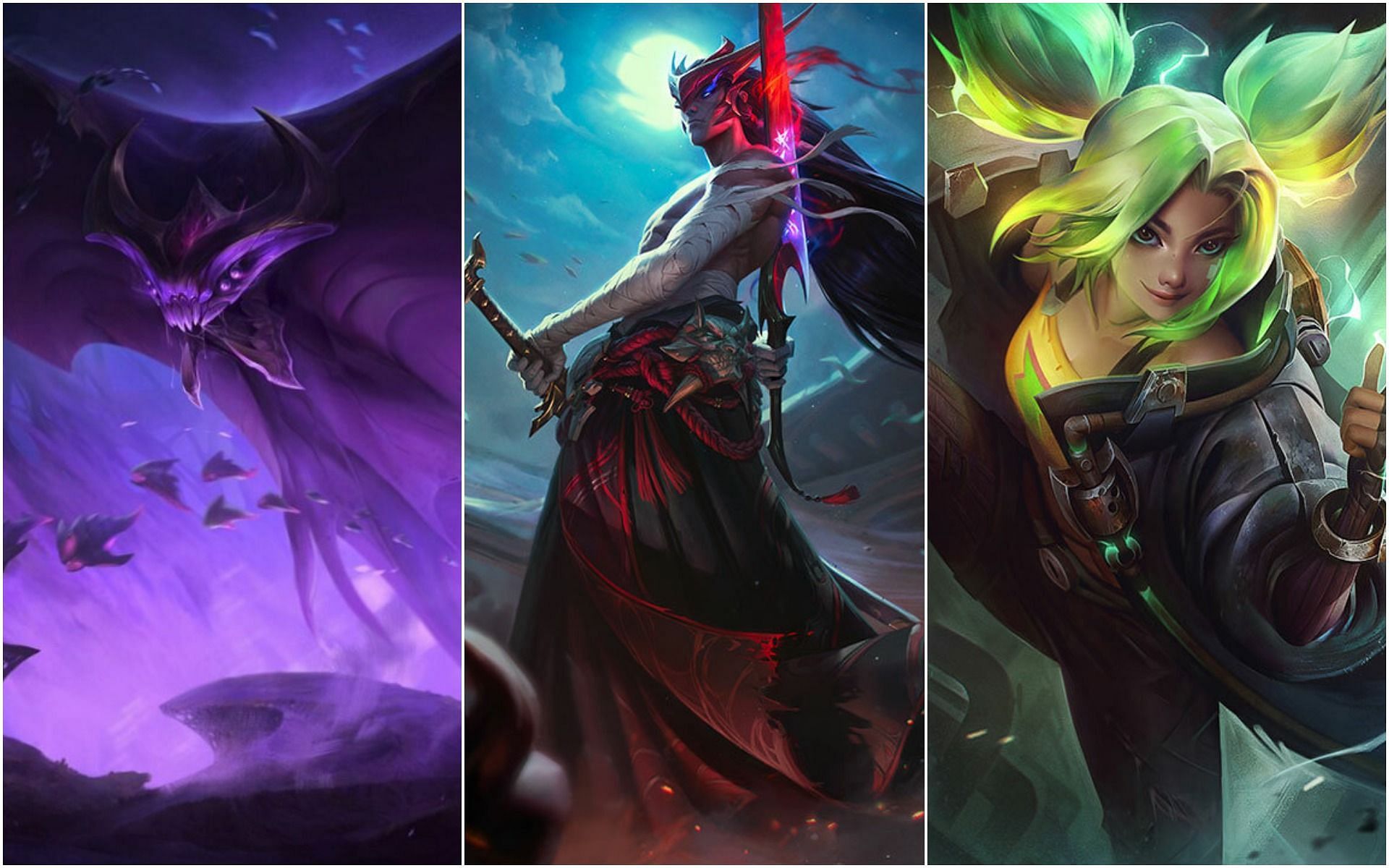 Bel&#039;Veth, Yone, and Zeri are all looking to get new skins in patch 12.11 (Image via Riot Games)