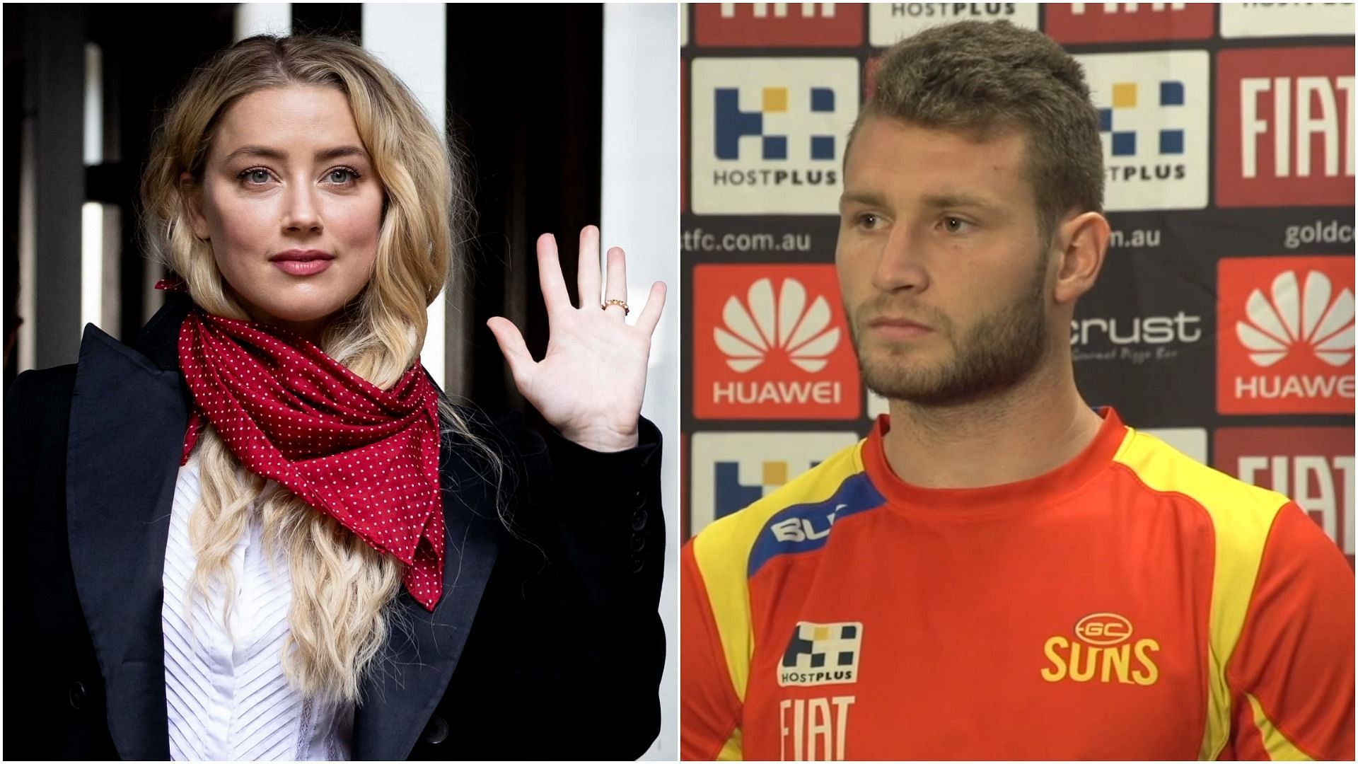 Amber Heard and Mitch Hallahan (Image via Dan Kitwood/Getty Images, GoldCoastFC/YouTube)