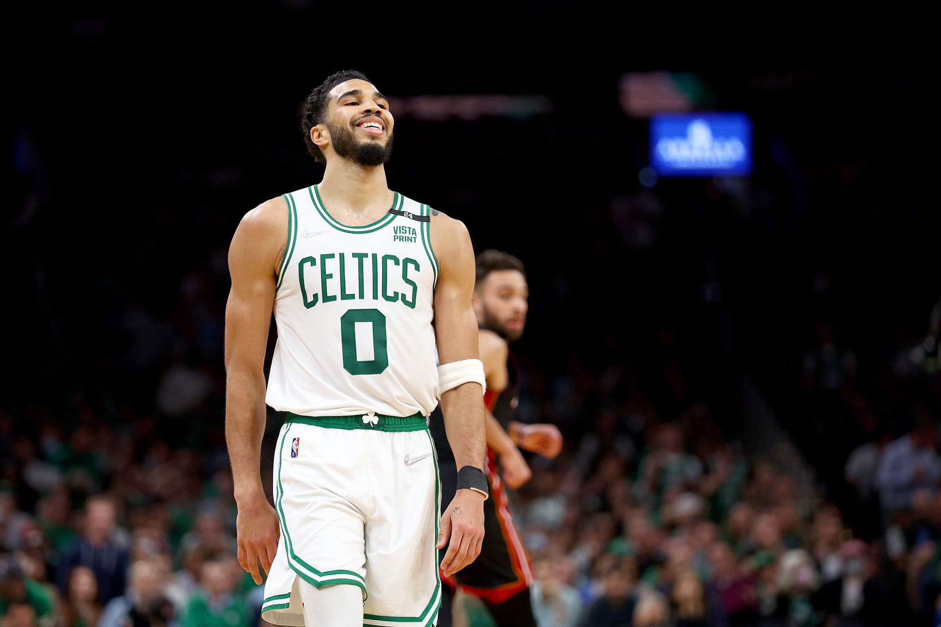 Jayson Tatum of the Boston Celtics reacts against the Miami Heat.