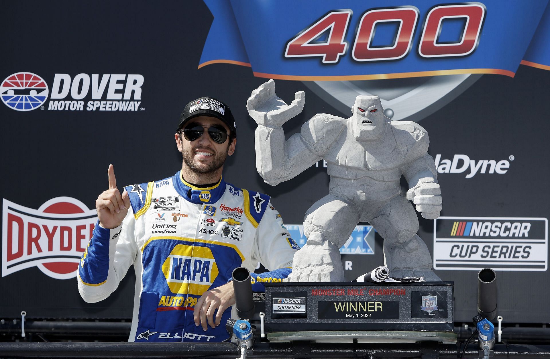 Chase Elliott celebrates in victory lane after winning the NASCAR Cup Series DuraMAX Drydene 400 presented by RelaDyne at Dover Motor Speedway (Photo by Sean Gardner/Getty Images)