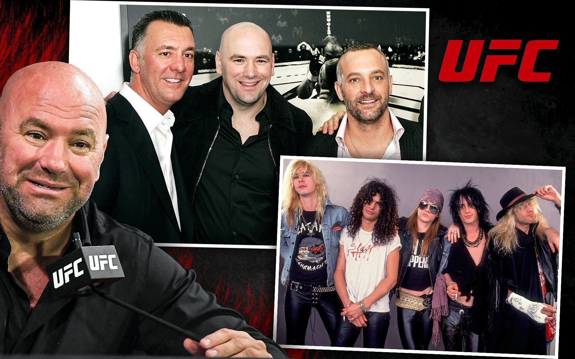 Dana White (left), Fertitta Brothers (left center, right center), Guns N&#039; Roses (bottom right). [Image of Dana White and Fertitta brothers couresty of forbes.com, Guns N Roses from rollingstone.com, UFC logo from @UFC on Instagram]