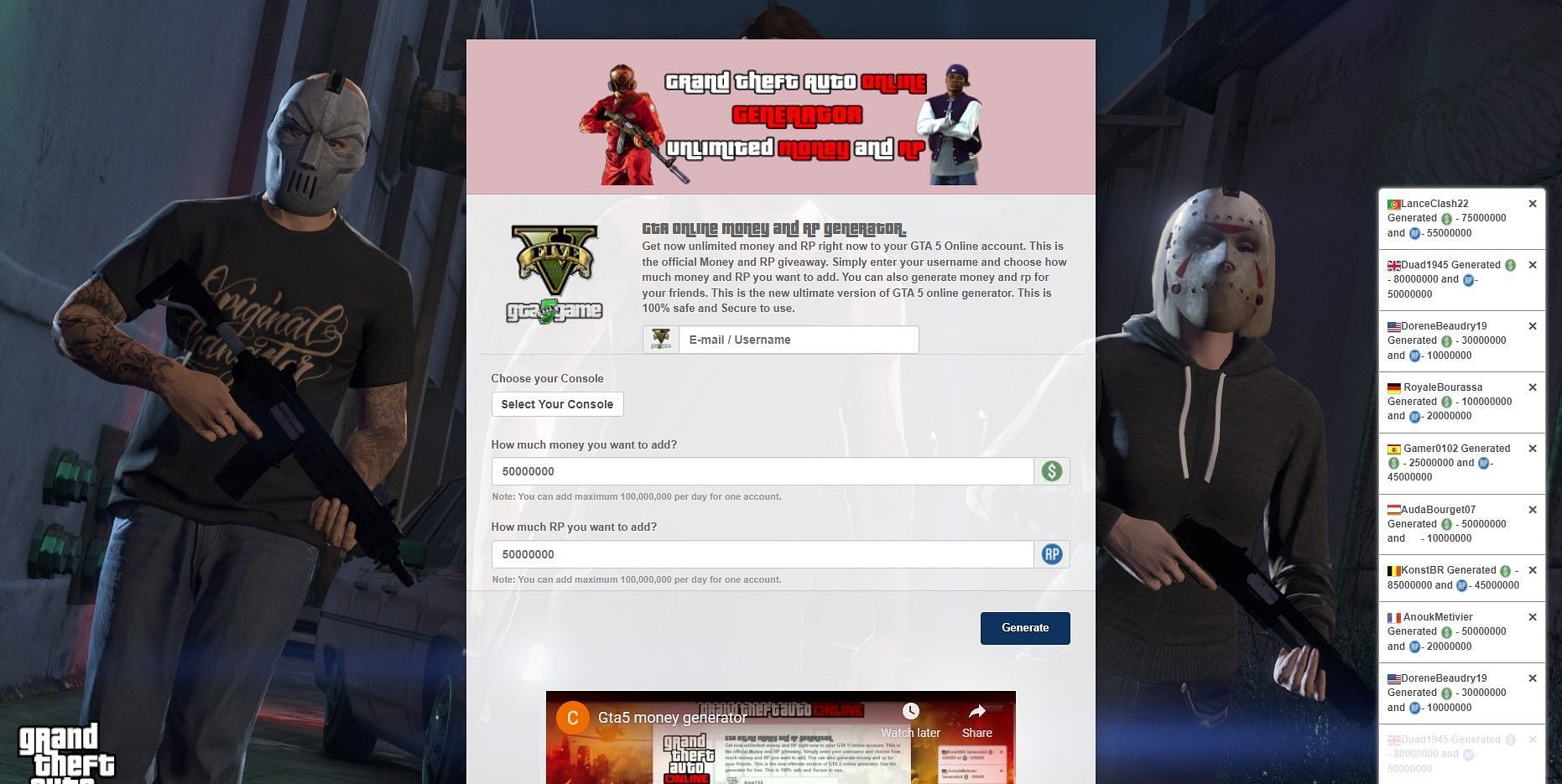 An example of a fake free money generator (Image via GTA5money.site)