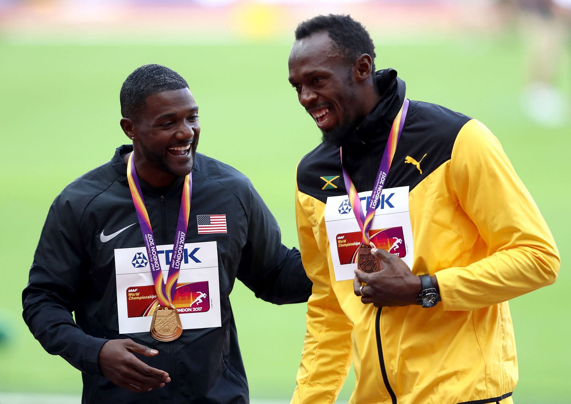 Justin Gatlin (left) with Usain Bolt at the 2017 World Championships. (PC: Getty Images)