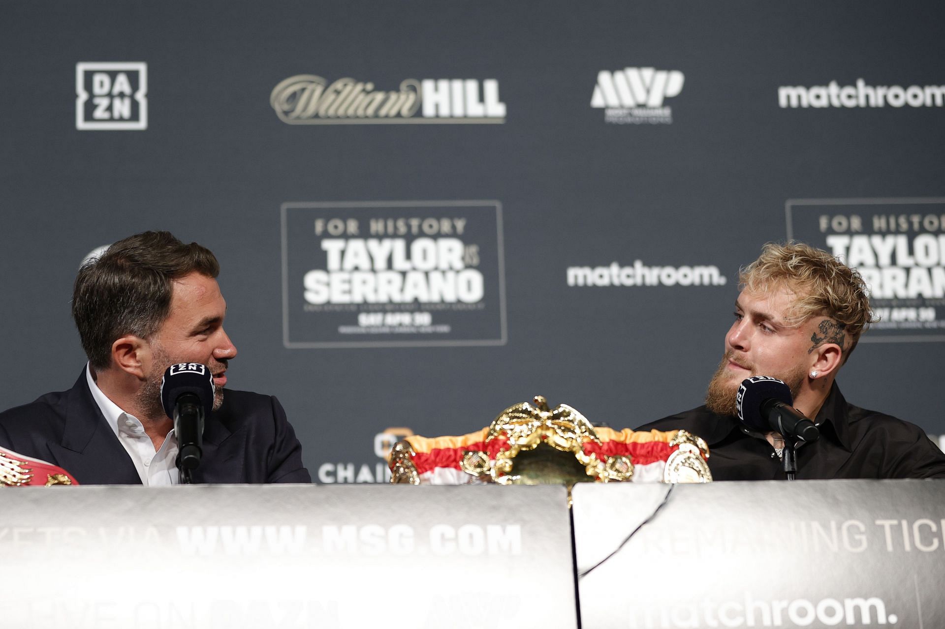 Eddie Hearn (left) and Jake Paul (right) at the Katie Taylor v Amanda Serrano press conference.
