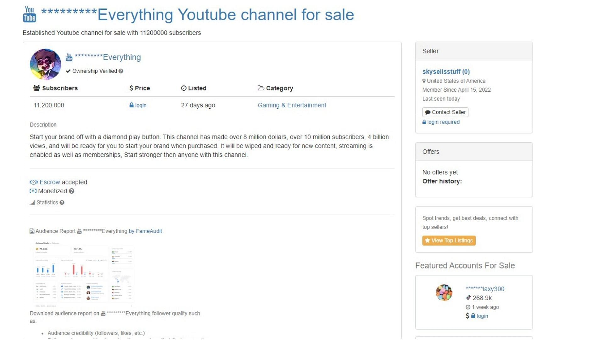 The SkyDoesEverything YouTube channel is on sale on FameSwap.com (Image via FameSwap)